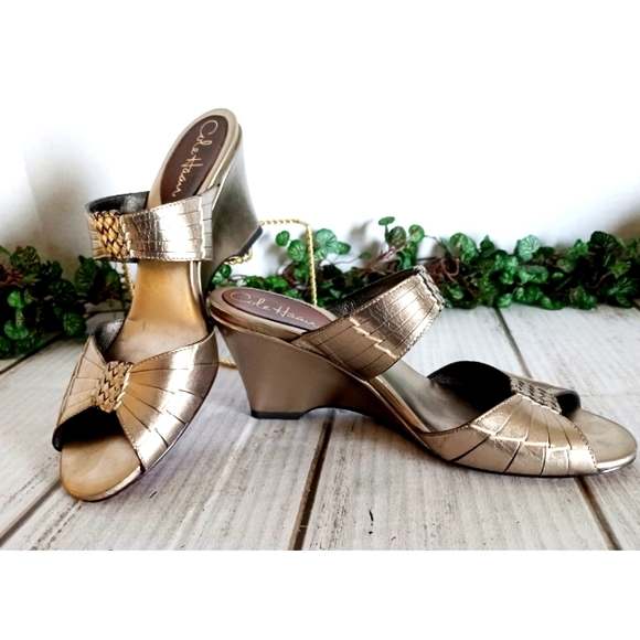 Cole Haan Open Toe Leather Straps Slide On Wedge Sandal - Gold Metallic - Picture 10 of 15